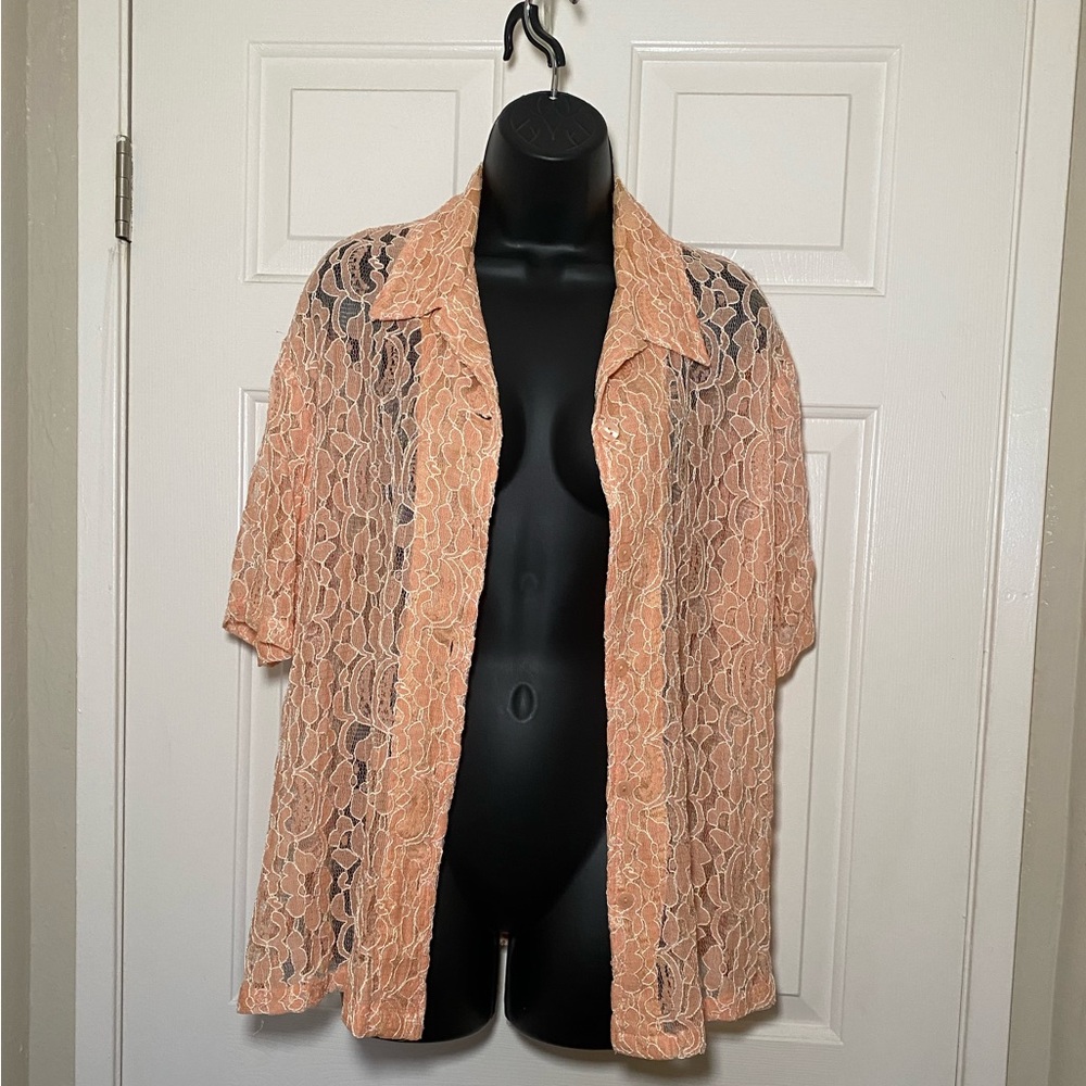 Apricot Lace Short Sleeve Button Front Blouse Shirt Top Salon Studio Haband XL